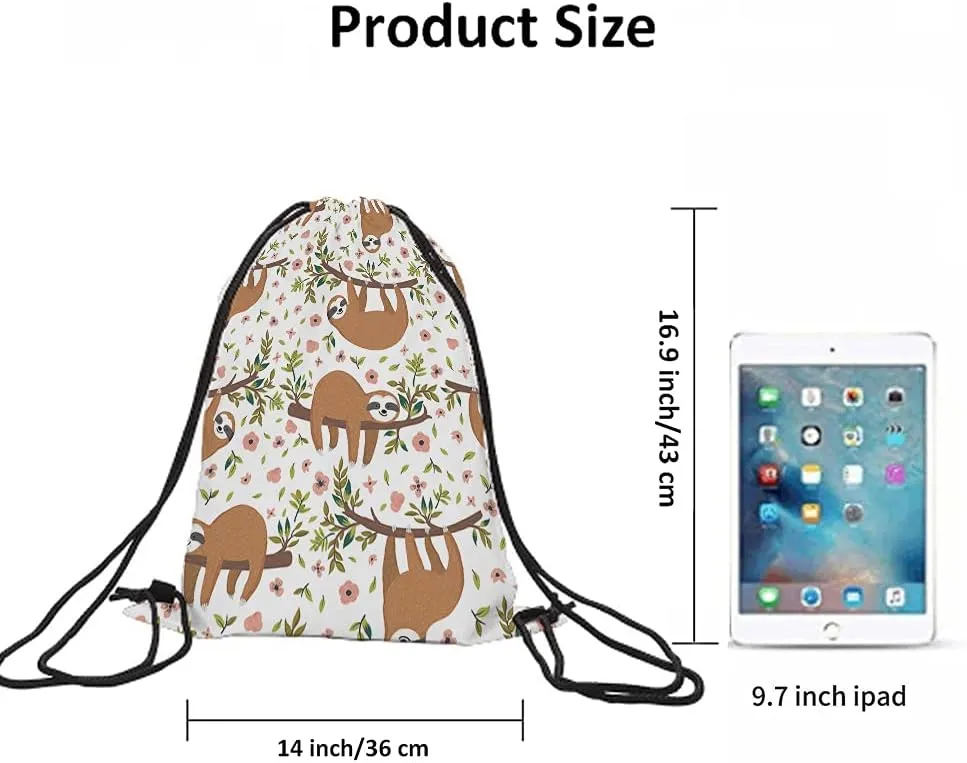 Cute Sloths Drawstring Bags Backpack Bag Adorable Cartoon Animal Sloth On Tree Branch Flowers Leaves Jungle Sport Gym Sack Drawstring Bag String Bag Yoga Bag for Men Women