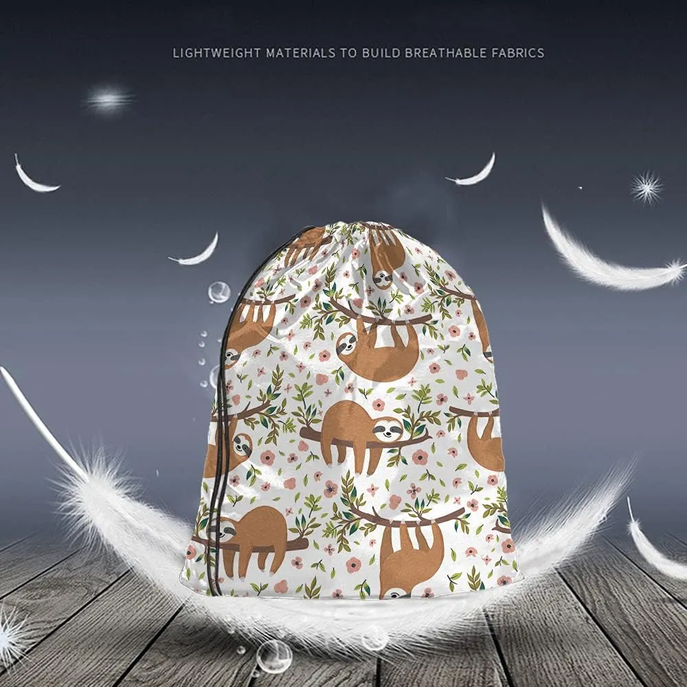 Cute Sloths Drawstring Bags Backpack Bag Adorable Cartoon Animal Sloth On Tree Branch Flowers Leaves Jungle Sport Gym Sack Drawstring Bag String Bag Yoga Bag for Men Women