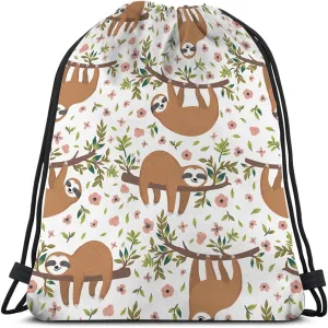 Cute Sloths Drawstring Bags Backpack Bag Adorable Cartoon Animal Sloth On Tree Branch Flowers Leaves Jungle Sport Gym Sack Drawstring Bag String Bag Yoga Bag for Men Women