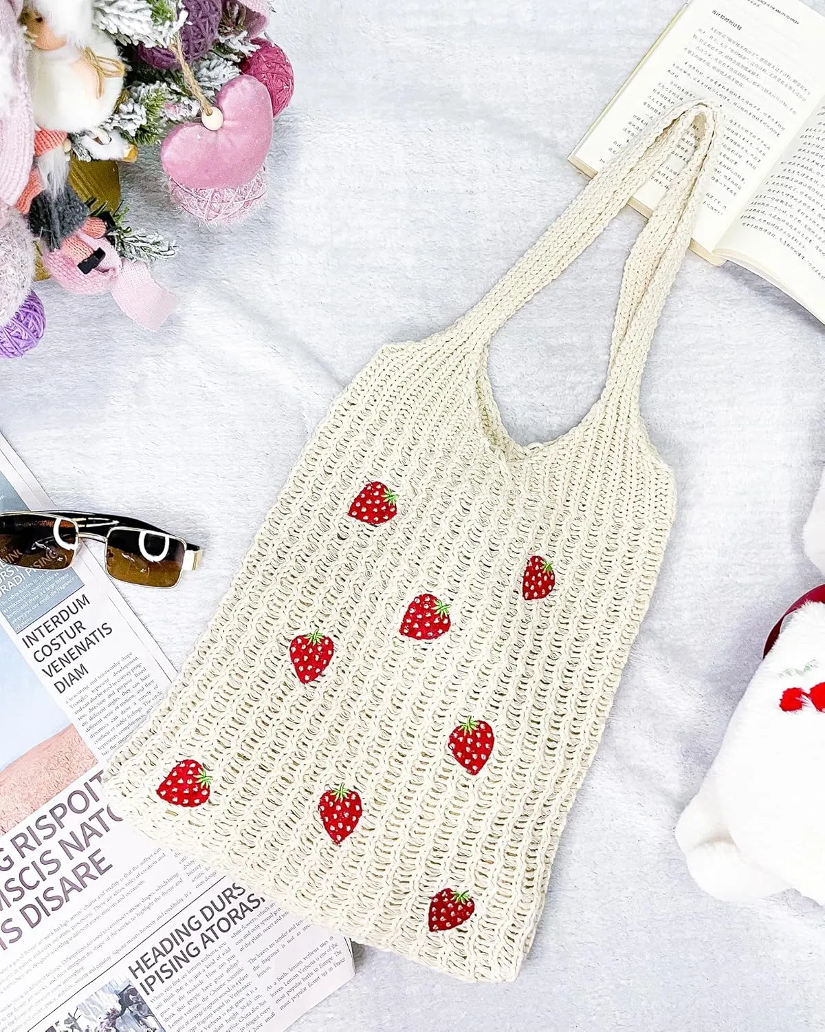 Cute Strawberry Pattern Tote Bag Crochet Tote Bag Shoulder Bag Handbags Knitting Bag Aesthetic Handmade Weaving
