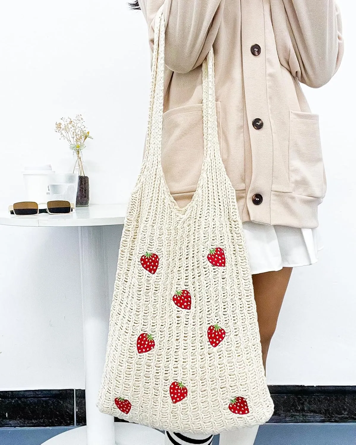 Cute Strawberry Pattern Tote Bag Crochet Tote Bag Shoulder Bag Handbags Knitting Bag Aesthetic Handmade Weaving