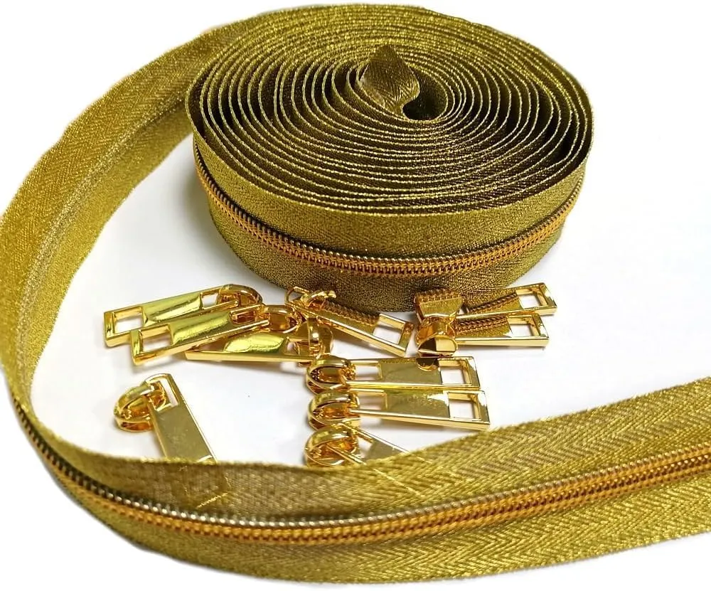 CYSewing Coil Zipper by The Yard 5 -Nylon Metallic Long Zippers for Sewing, Gold Teech 5 Yard Upholstery with 10 Gold Slider -VOC
