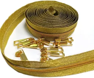 CYSewing Coil Zipper by The Yard 5 -Nylon Metallic Long Zippers for Sewing, Gold Teech 5 Yard Upholstery with 10 Gold Slider -VOC