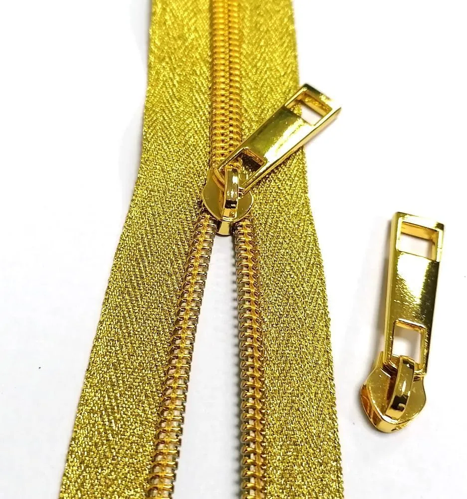 CYSewing Coil Zipper by The Yard 5 -Nylon Metallic Long Zippers for Sewing, Gold Teech 5 Yard Upholstery with 10 Gold Slider -VOC