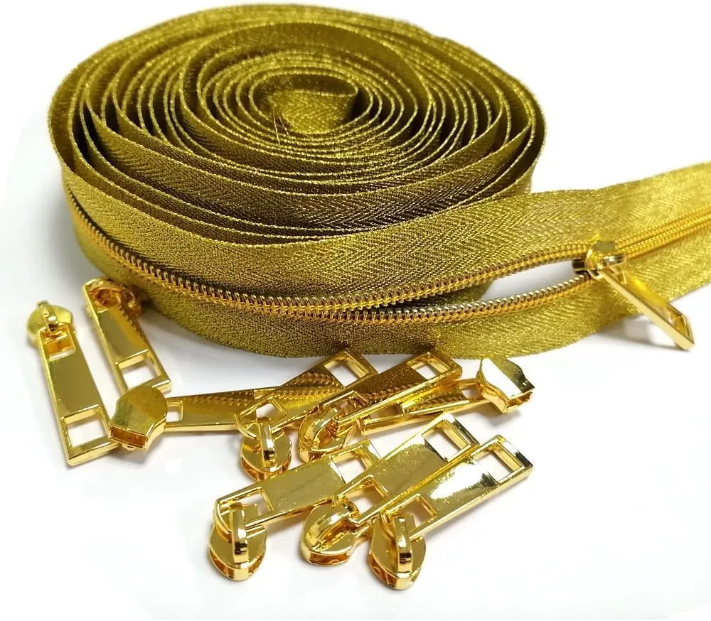 CYSewing Coil Zipper by The Yard 5 -Nylon Metallic Long Zippers for Sewing, Gold Teech 5 Yard Upholstery with 10 Gold Slider -VOC
