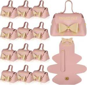 Dandat 20 Small Pieces Pink Bowknot Gift Box with Handle PU Leather Purse Box Reusable Pink Treat with Gold Bow for Birthday Christmas Wedding Party Baby Shower Favors 3.94" x 2.36" x 1.97"