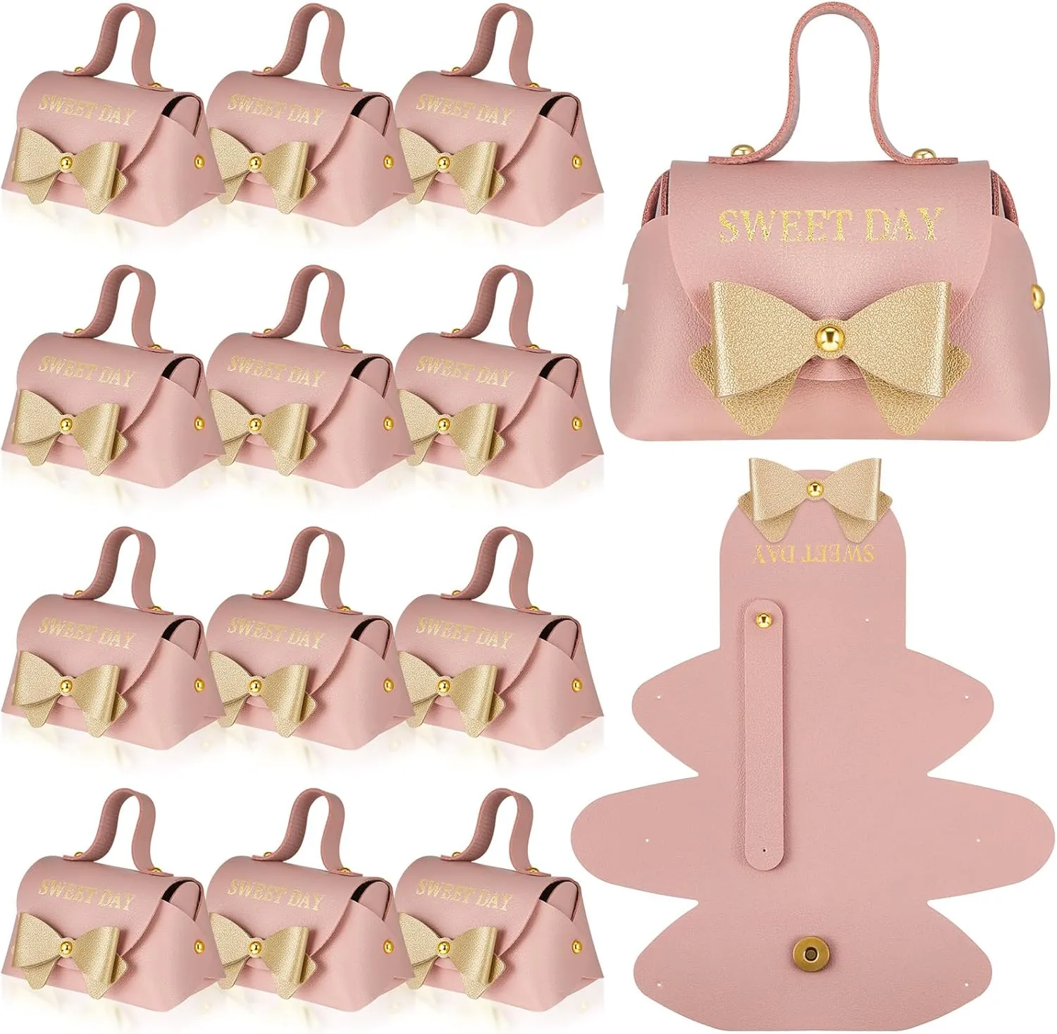 Dandat 20 Small Pieces Pink Bowknot Gift Box with Handle PU Leather Purse Box Reusable Pink Treat with Gold Bow for Birthday Christmas Wedding Party Baby Shower Favors 3.94" x 2.36" x 1.97"