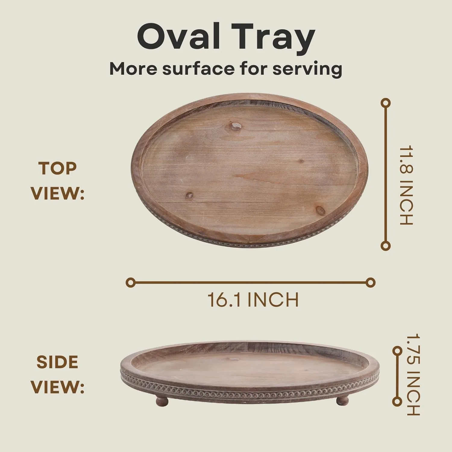 Decorative Oval Wooden Tray for Coffee Table Decor, Kitchen Dining, Entryway - Small Beaded Holiday Tray, Distressed Brown