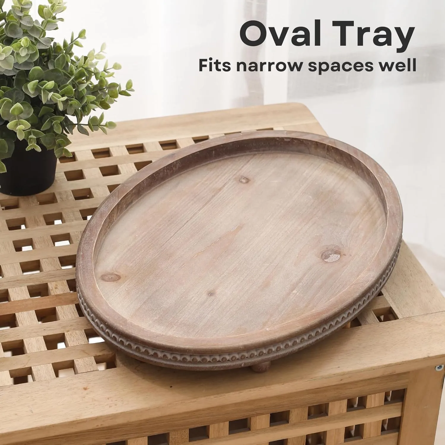 Decorative Oval Wooden Tray for Coffee Table Decor, Kitchen Dining, Entryway - Small Beaded Holiday Tray, Distressed Brown