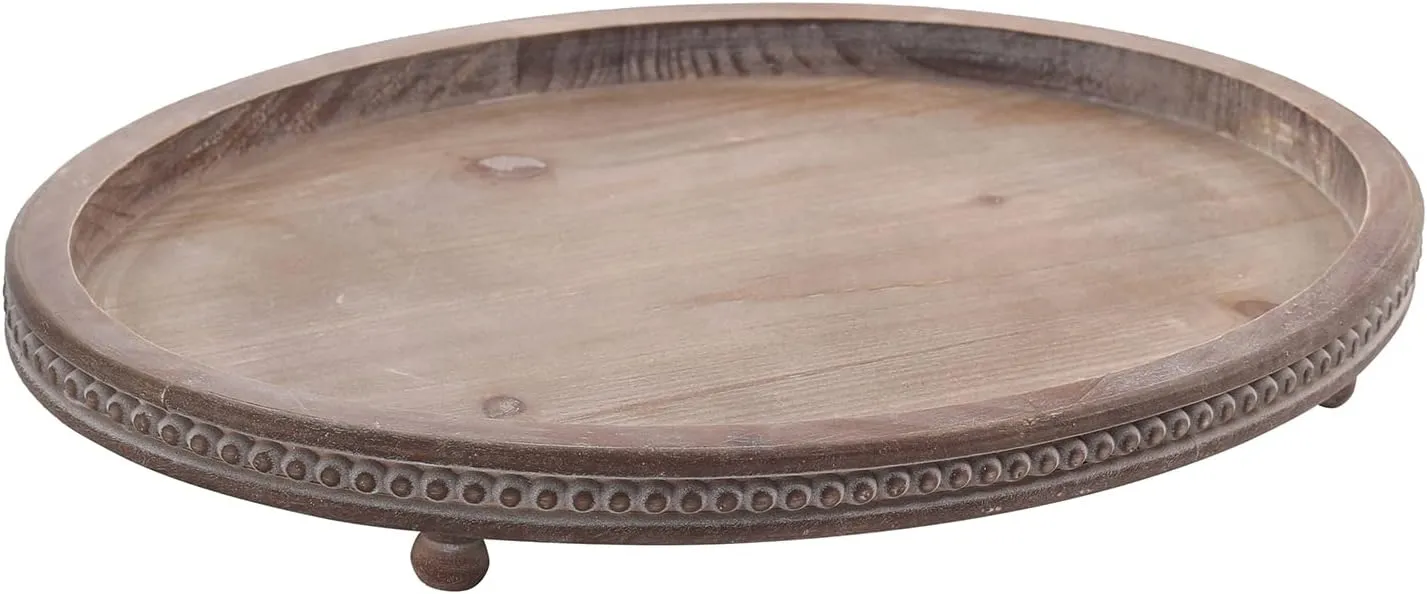 Decorative Oval Wooden Tray for Coffee Table Decor, Kitchen Dining, Entryway - Small Beaded Holiday Tray, Distressed Brown