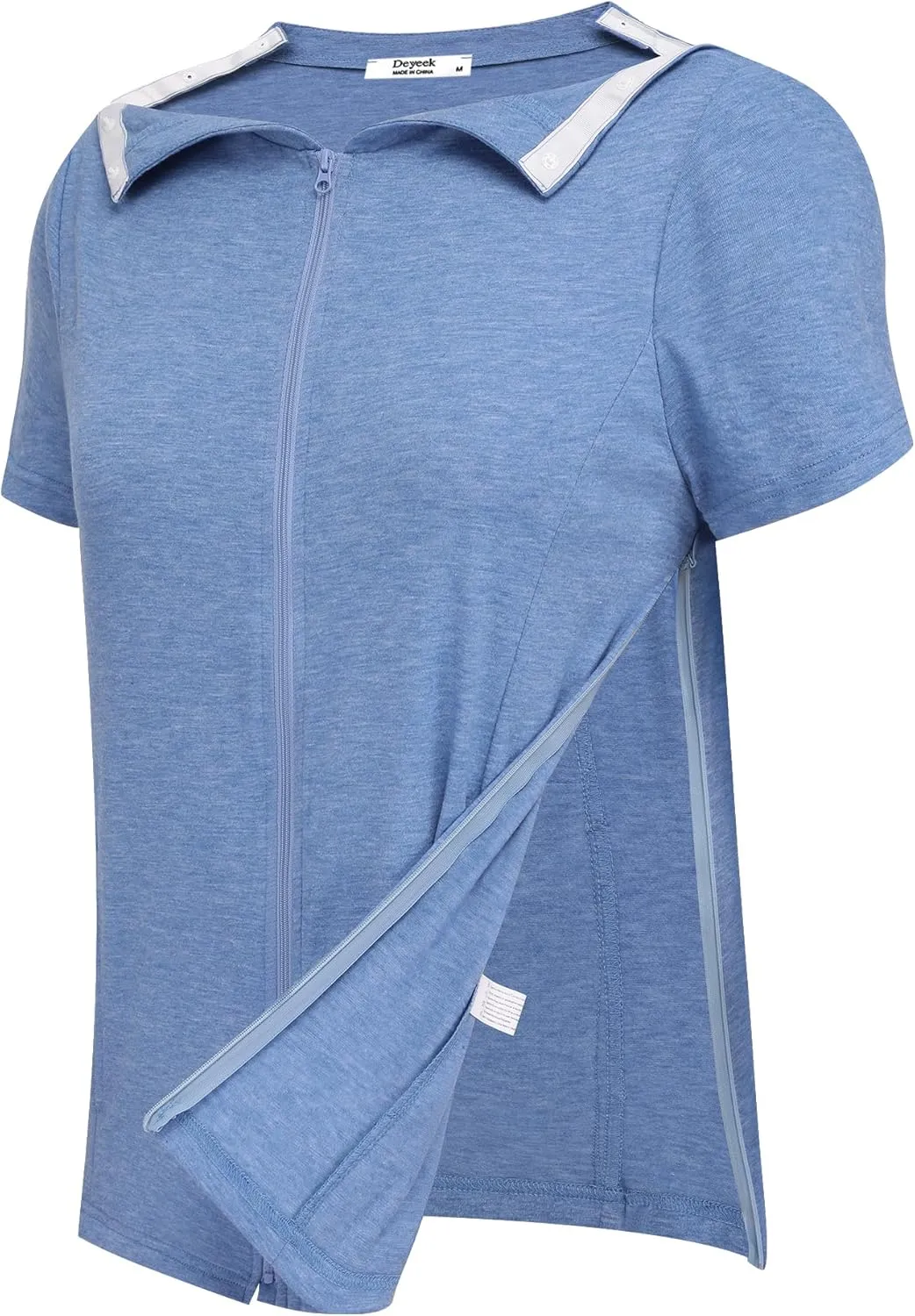 Deyeek Mastectomy Shirts with Drain Pockets Post Shoulder Surgery Tops for Women Chemo Port Short Sleeve with Zippers