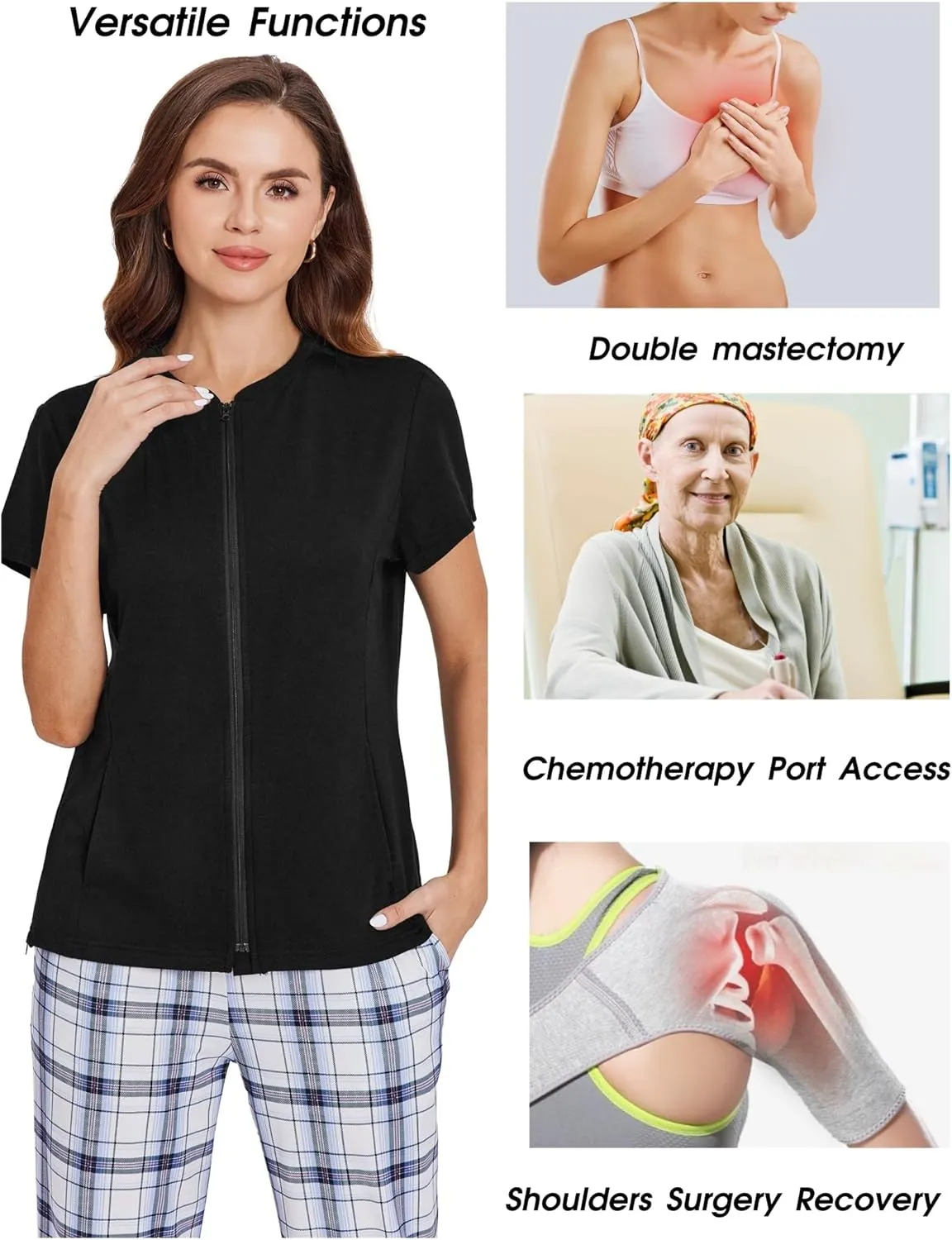 Deyeek Mastectomy Shirts with Drain Pockets Post Shoulder Surgery Tops for Women Chemo Port Short Sleeve with Zippers