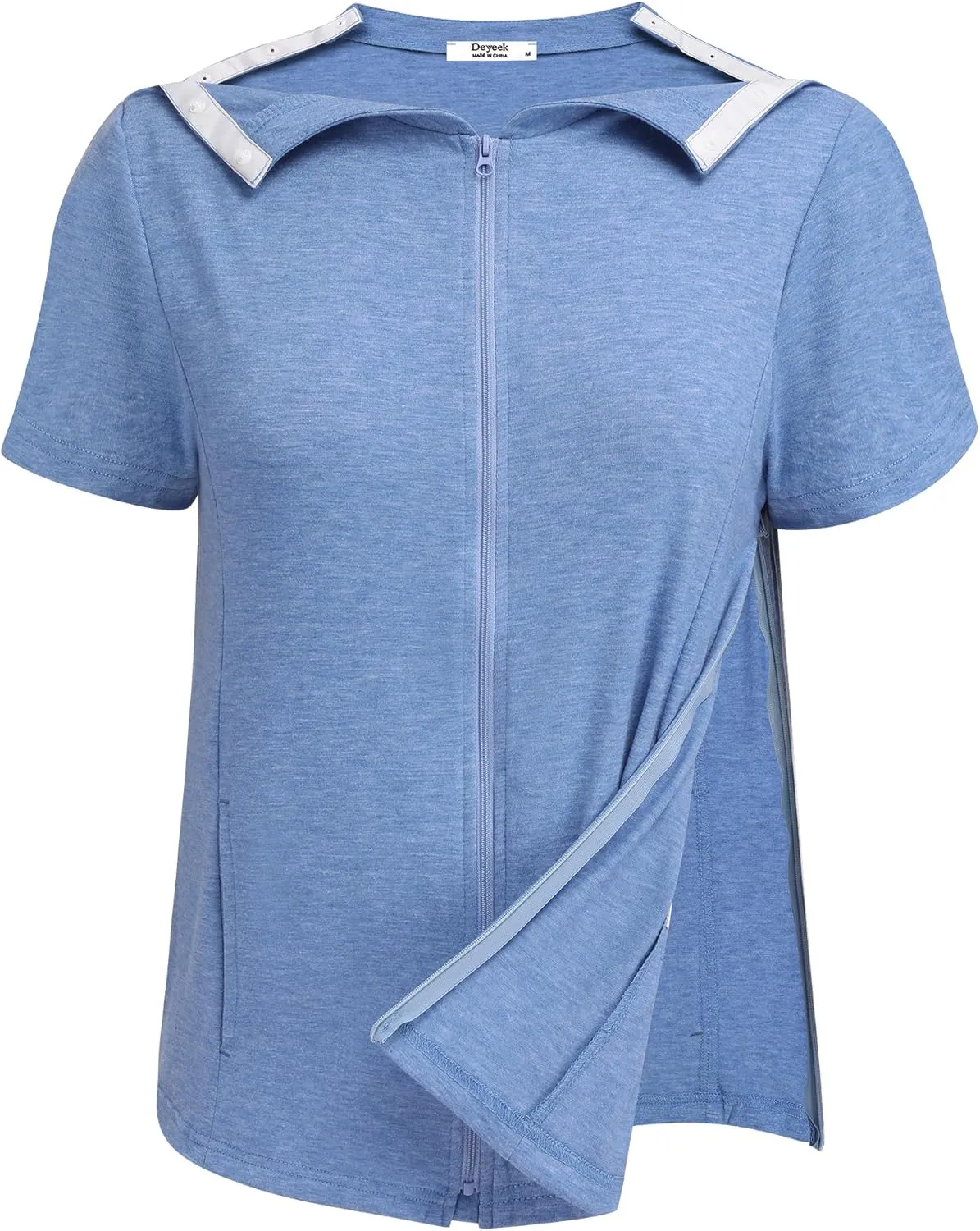 Deyeek Mastectomy Shirts with Drain Pockets Post Shoulder Surgery Tops for Women Chemo Port Short Sleeve with Zippers