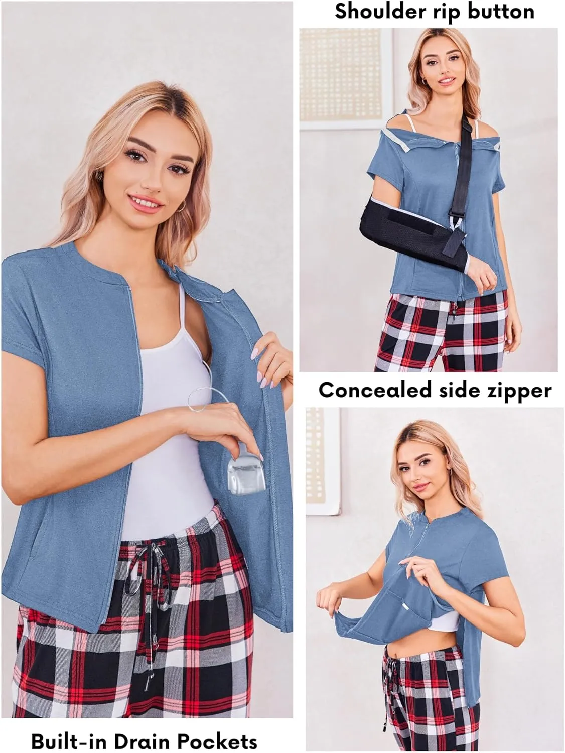 Deyeek Mastectomy Shirts with Drain Pockets Post Shoulder Surgery Tops for Women Chemo Port Short Sleeve with Zippers