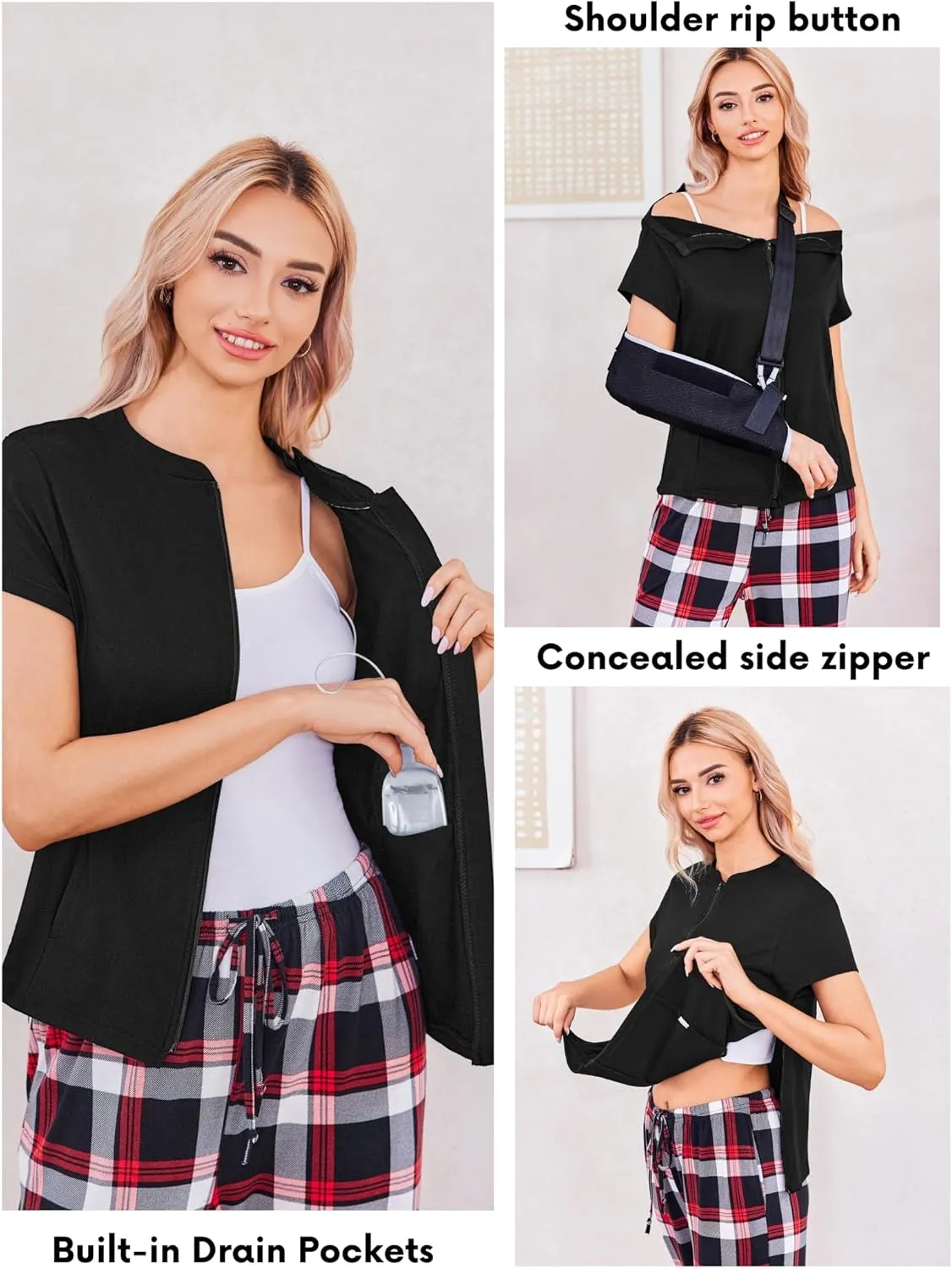 Deyeek Mastectomy Shirts with Drain Pockets Post Shoulder Surgery Tops for Women Chemo Port Short Sleeve with Zippers