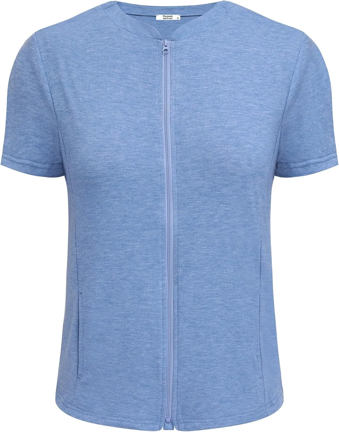 Deyeek Mastectomy Shirts with Drain Pockets Post Shoulder Surgery Tops for Women Chemo Port Short Sleeve with Zippers