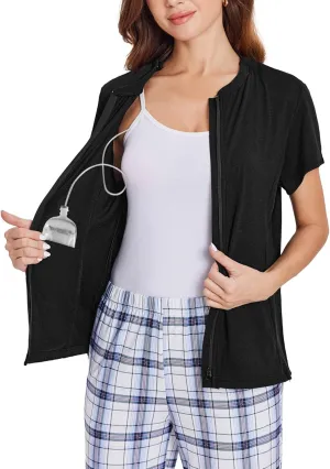 Deyeek Mastectomy Shirts with Drain Pockets Post Shoulder Surgery Tops for Women Chemo Port Short Sleeve with Zippers