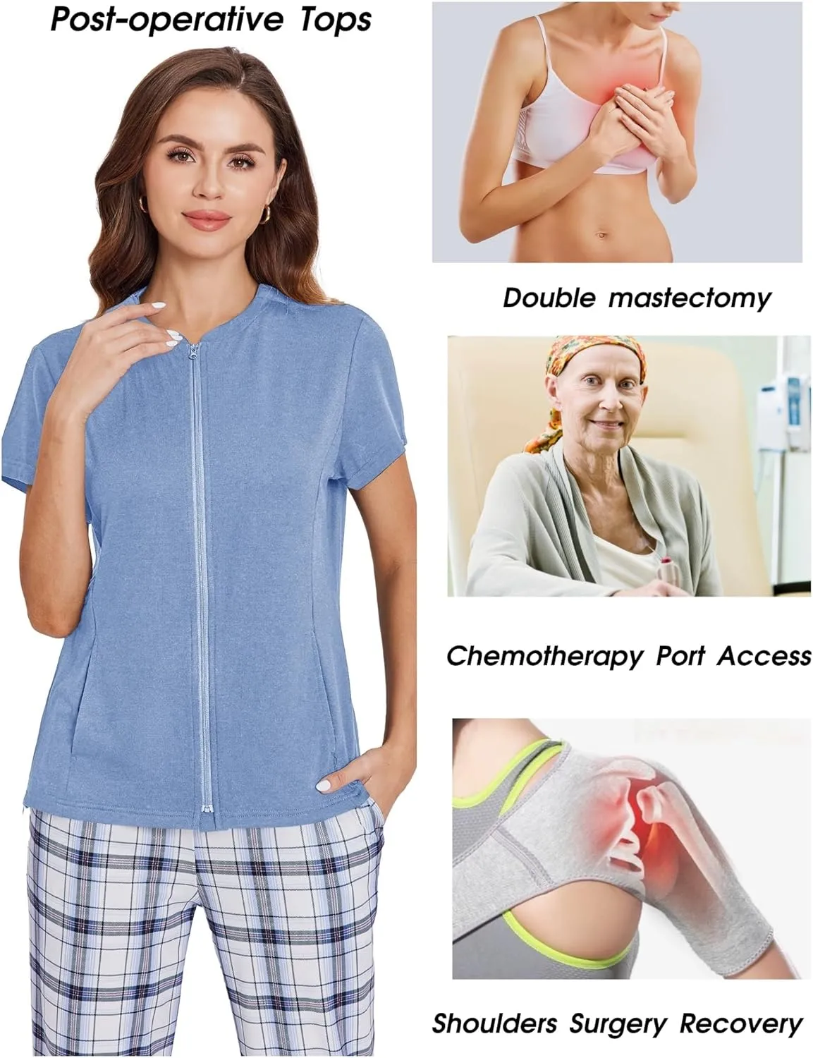 Deyeek Mastectomy Shirts with Drain Pockets Post Shoulder Surgery Tops for Women Chemo Port Short Sleeve with Zippers
