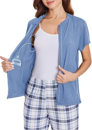 Deyeek Mastectomy Shirts with Drain Pockets Post Shoulder Surgery Tops for Women Chemo Port Short Sleeve with Zippers