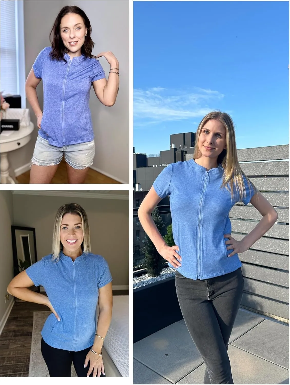 Deyeek Mastectomy Shirts with Drain Pockets Post Shoulder Surgery Tops for Women Chemo Port Short Sleeve with Zippers