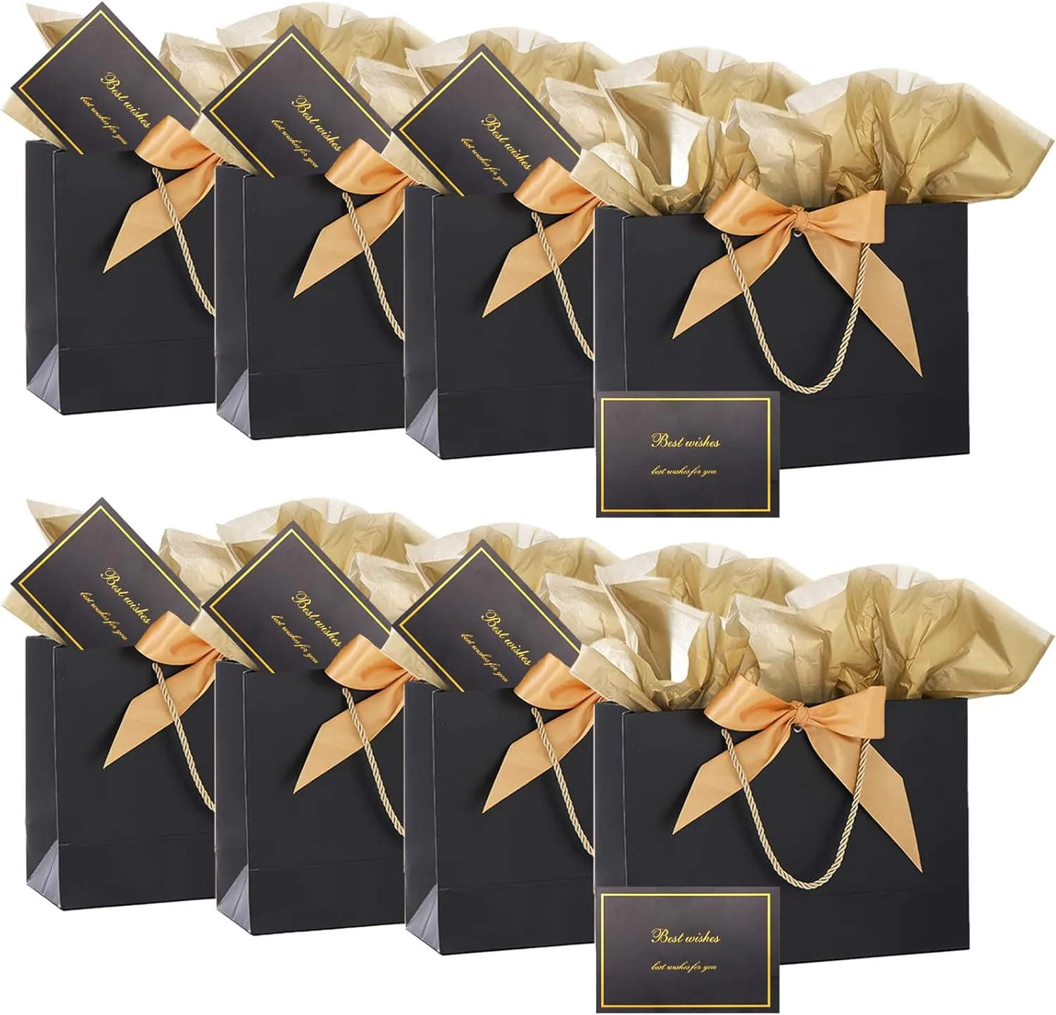 Dimetey 8Pack Metallic Paper Gift Bags with Handle,Bow Ribbon,Tissue and card, 20x28x10cm Thank You Favor Bag for Graduaction Wedding Bridal Birthday Party Baby Shower Retirement (Black)