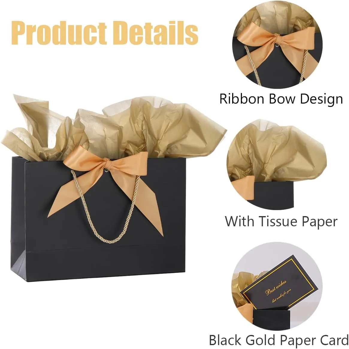 Dimetey 8Pack Metallic Paper Gift Bags with Handle,Bow Ribbon,Tissue and card, 20x28x10cm Thank You Favor Bag for Graduaction Wedding Bridal Birthday Party Baby Shower Retirement (Black)