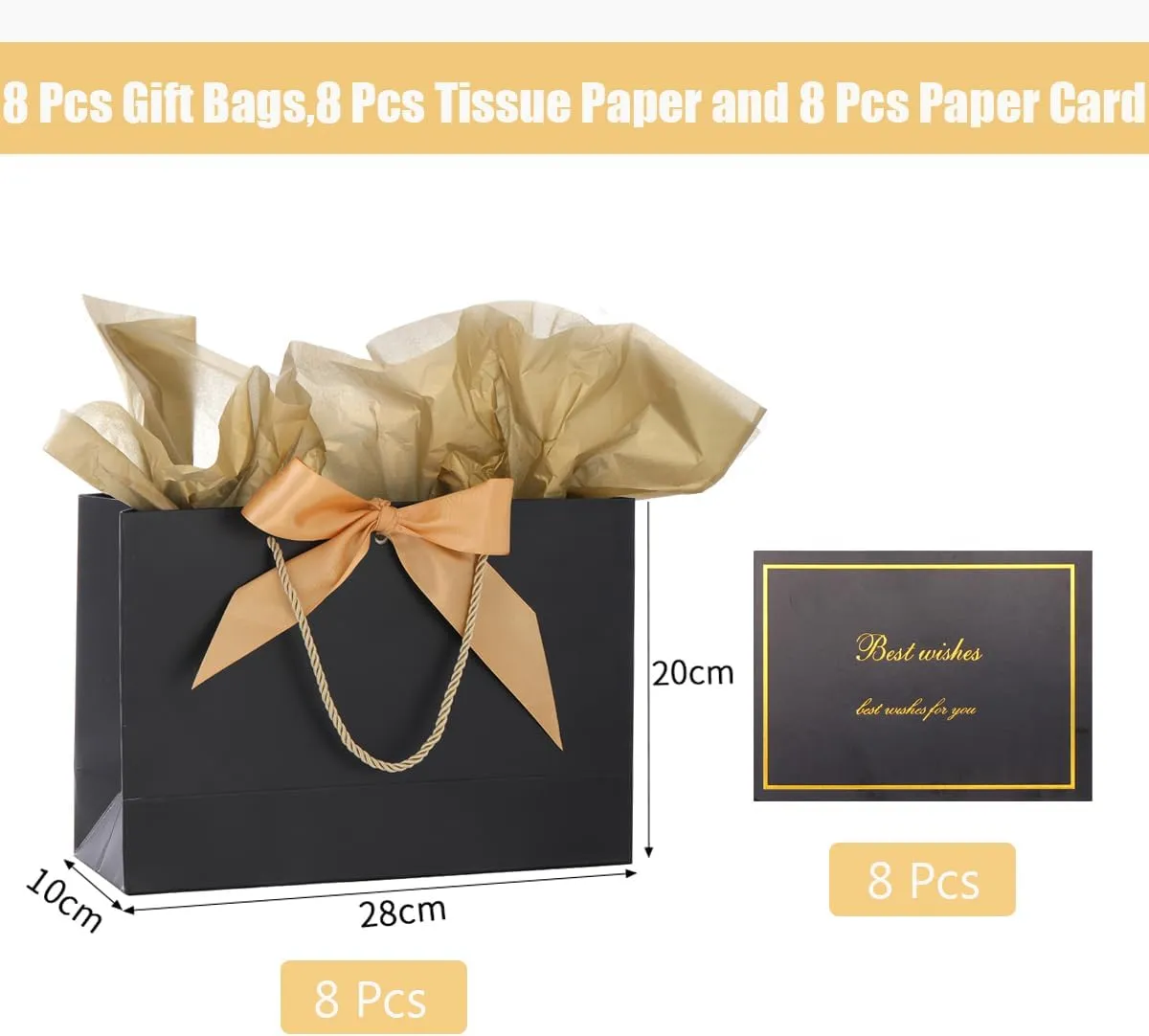 Dimetey 8Pack Metallic Paper Gift Bags with Handle,Bow Ribbon,Tissue and card, 20x28x10cm Thank You Favor Bag for Graduaction Wedding Bridal Birthday Party Baby Shower Retirement (Black)