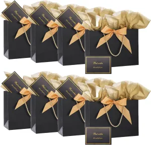 Dimetey 8Pack Metallic Paper Gift Bags with Handle,Bow Ribbon,Tissue and card, 20x28x10cm Thank You Favor Bag for Graduaction Wedding Bridal Birthday Party Baby Shower Retirement (Black)