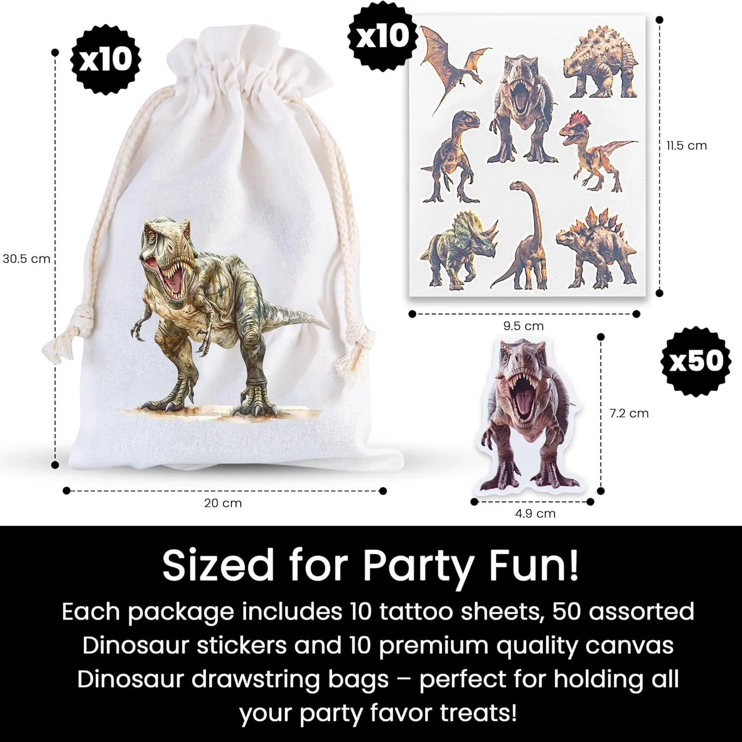 Dinosaur Party Favors 140 Pack - T-Rex Drawstring Goodie Bags, 50 Waterproof Stickers & 80 Kids Tattoos - Customizable Printable Birthday Decorations, Cupcake Toppers & Snack Labels Included
