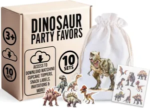 Dinosaur Party Favors 140 Pack - T-Rex Drawstring Goodie Bags, 50 Waterproof Stickers & 80 Kids Tattoos - Customizable Printable Birthday Decorations, Cupcake Toppers & Snack Labels Included