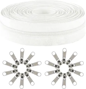Discturnkey #5 Zippers Nylon Coil Zippers by The Yard Bulk, 360 Inch 10 Yards Bulk Zipper Roll with 20pcs for DIY Sewing Tailor Craft Bags White (#5, 10 Yards Continuous Zipper)