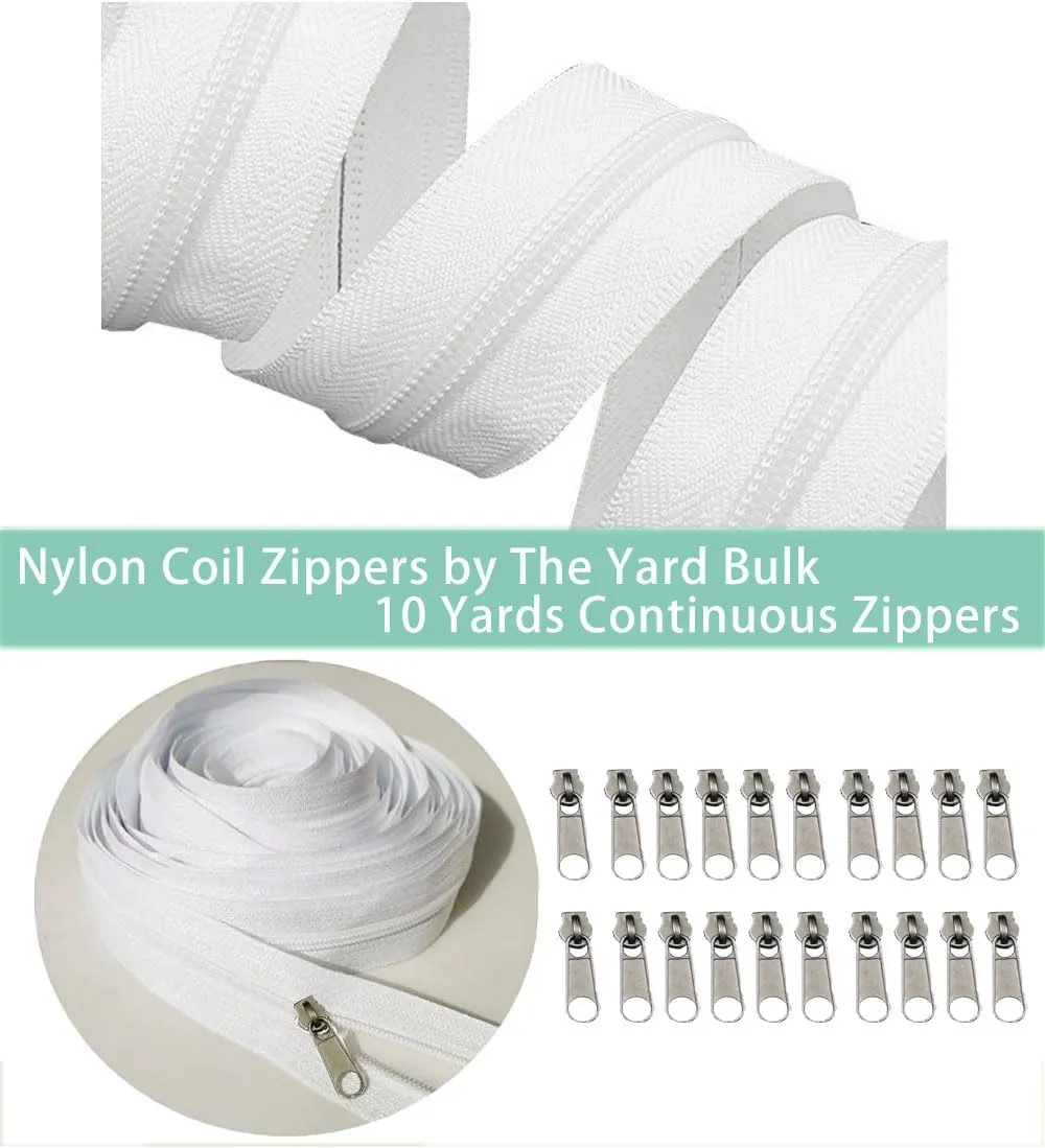 Discturnkey #5 Zippers Nylon Coil Zippers by The Yard Bulk, 360 Inch 10 Yards Bulk Zipper Roll with 20pcs for DIY Sewing Tailor Craft Bags White (#5, 10 Yards Continuous Zipper)