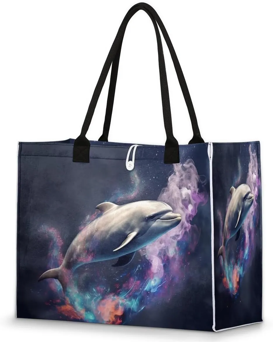 Dolphin Flame Fog Large Beach Tote Bag for Women Reusable Grocery Bag with Sturdy Handles Inside Zipper Pocket Portable Gift Bag for Work Travel Shopping Pool Beach Fitness Daily Use