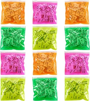 Domino Game Set Pack of 12 Each Bag includes 28 Pieces of Dominoes Set Comes with Colorful Bags Neon Pink Yellow Green and Orange - Awesome Party Favor, Educational Toys Adults & Teens