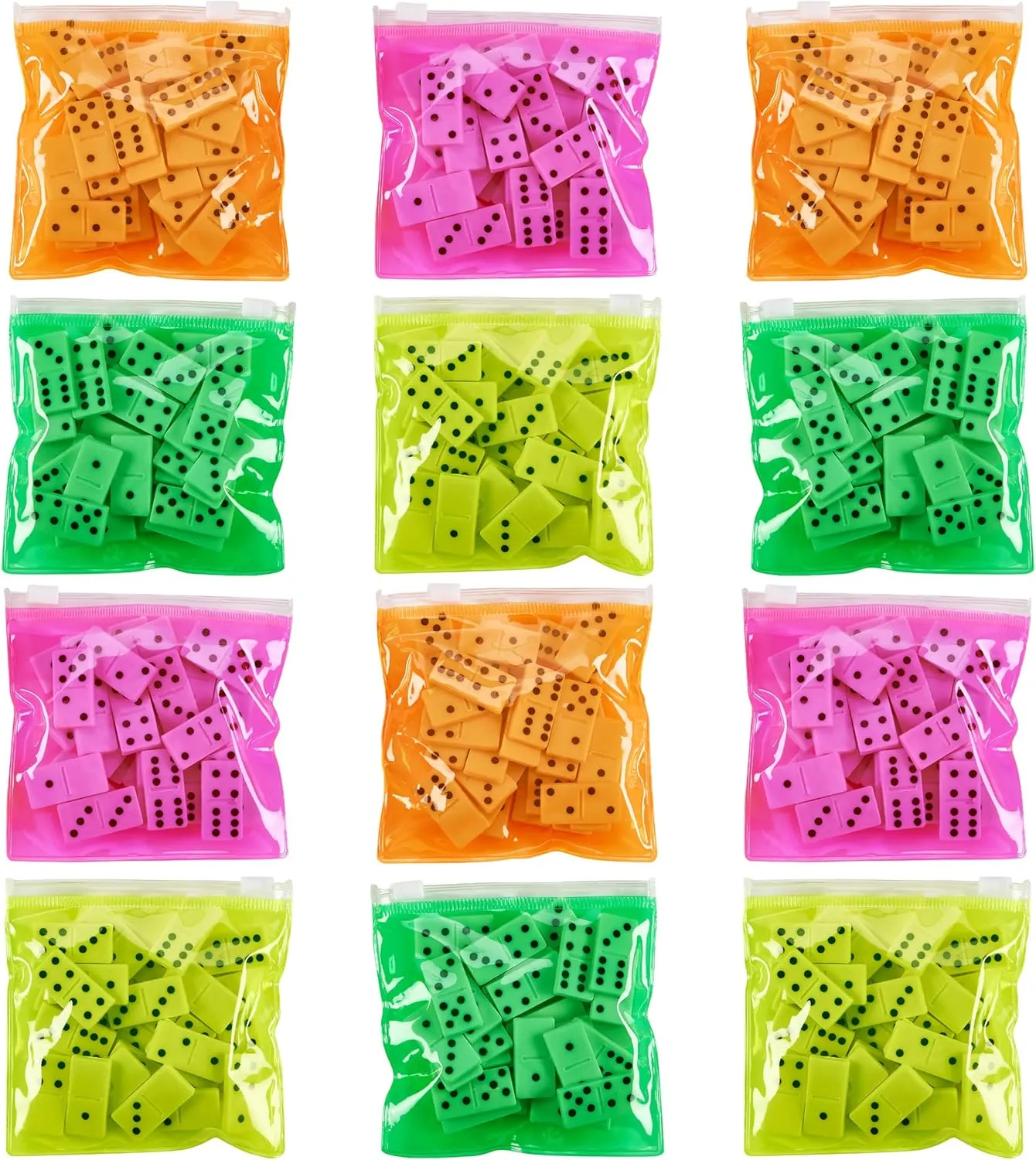 Domino Game Set Pack of 12 Each Bag includes 28 Pieces of Dominoes Set Comes with Colorful Bags Neon Pink Yellow Green and Orange - Awesome Party Favor, Educational Toys Adults & Teens