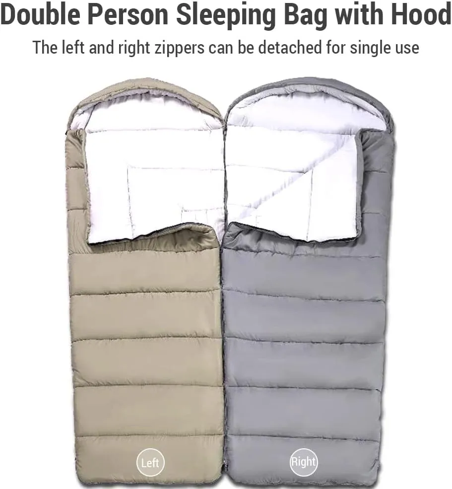 Double Persons Sleeping Bags for Adults Cold Weather 12°C- -18°C Cold-Resistant with Hooded Anti-Splashing for Camping Split Into Single Use