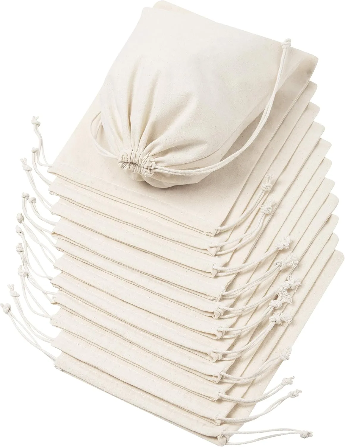DR 100 Percent Cotton Muslin Drawstring Bags 12-Pack For Storage Pantry Gifts - Unbleached (7 x 9 inch, Beige)