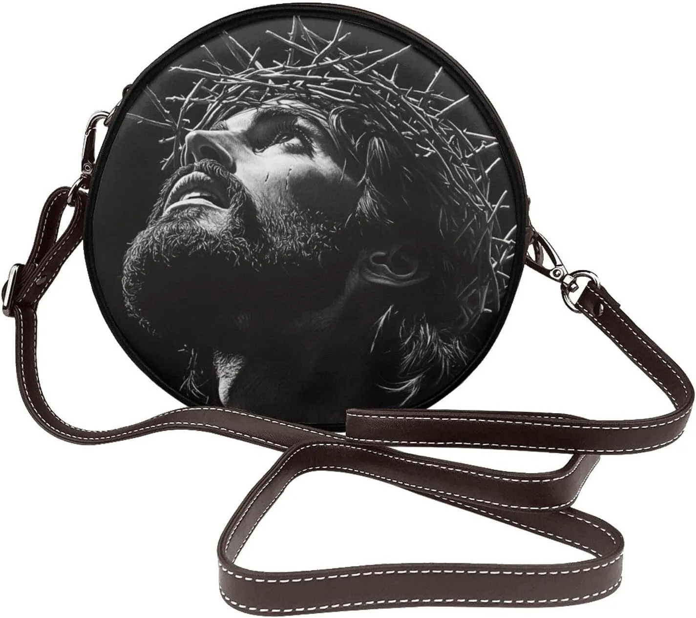 Drawing Of Jesus Wearing A Crown Of Thorns Women Round Crossbody Bags Leather Sling Bag Purse