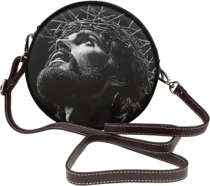 Drawing Of Jesus Wearing A Crown Of Thorns Women Round Crossbody Bags Leather Sling Bag Purse