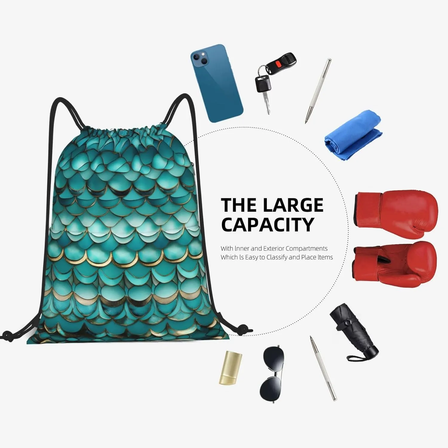 Drawstring Backpack for women,Versatile drawstring bag,Water-Resistant Cinch Bag,Gym sackpack-Mermaid Teal Fish Scale