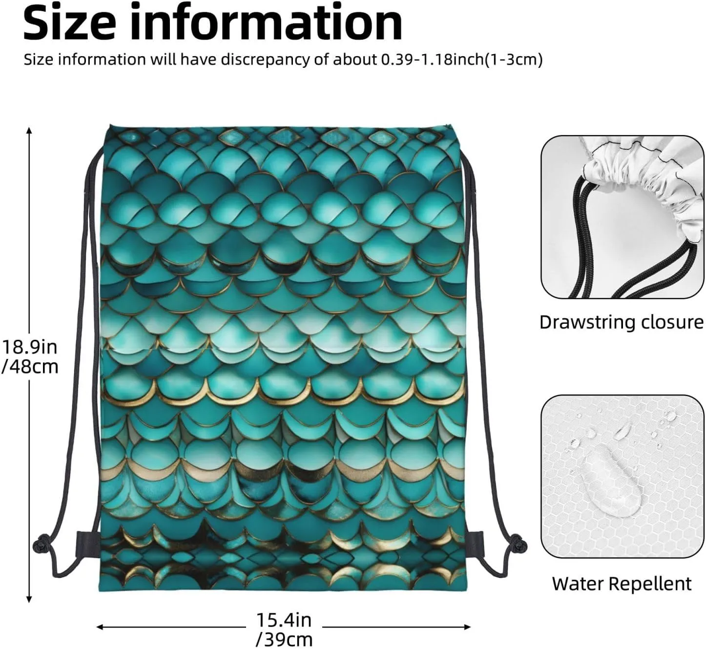 Drawstring Backpack for women,Versatile drawstring bag,Water-Resistant Cinch Bag,Gym sackpack-Mermaid Teal Fish Scale