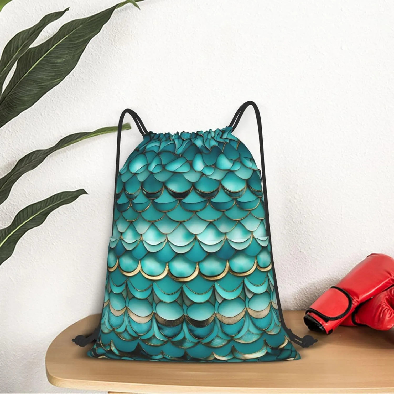 Drawstring Backpack for women,Versatile drawstring bag,Water-Resistant Cinch Bag,Gym sackpack-Mermaid Teal Fish Scale