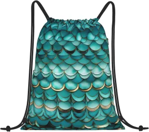 Drawstring Backpack for women,Versatile drawstring bag,Water-Resistant Cinch Bag,Gym sackpack-Mermaid Teal Fish Scale