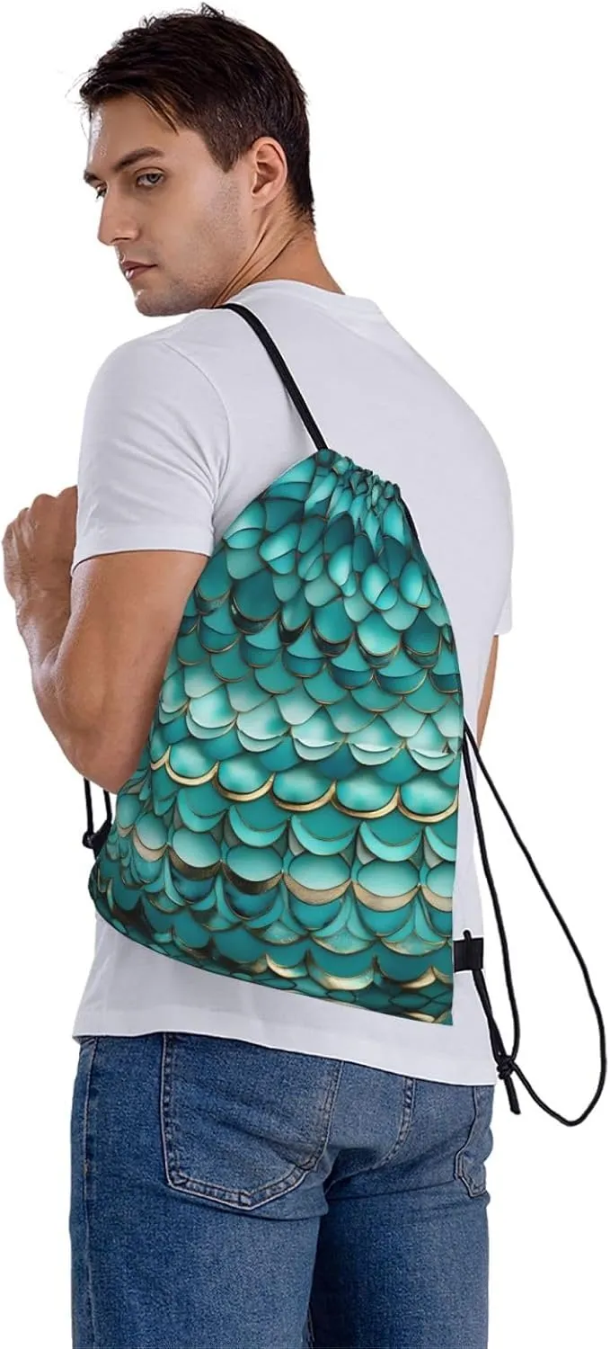 Drawstring Backpack for women,Versatile drawstring bag,Water-Resistant Cinch Bag,Gym sackpack-Mermaid Teal Fish Scale