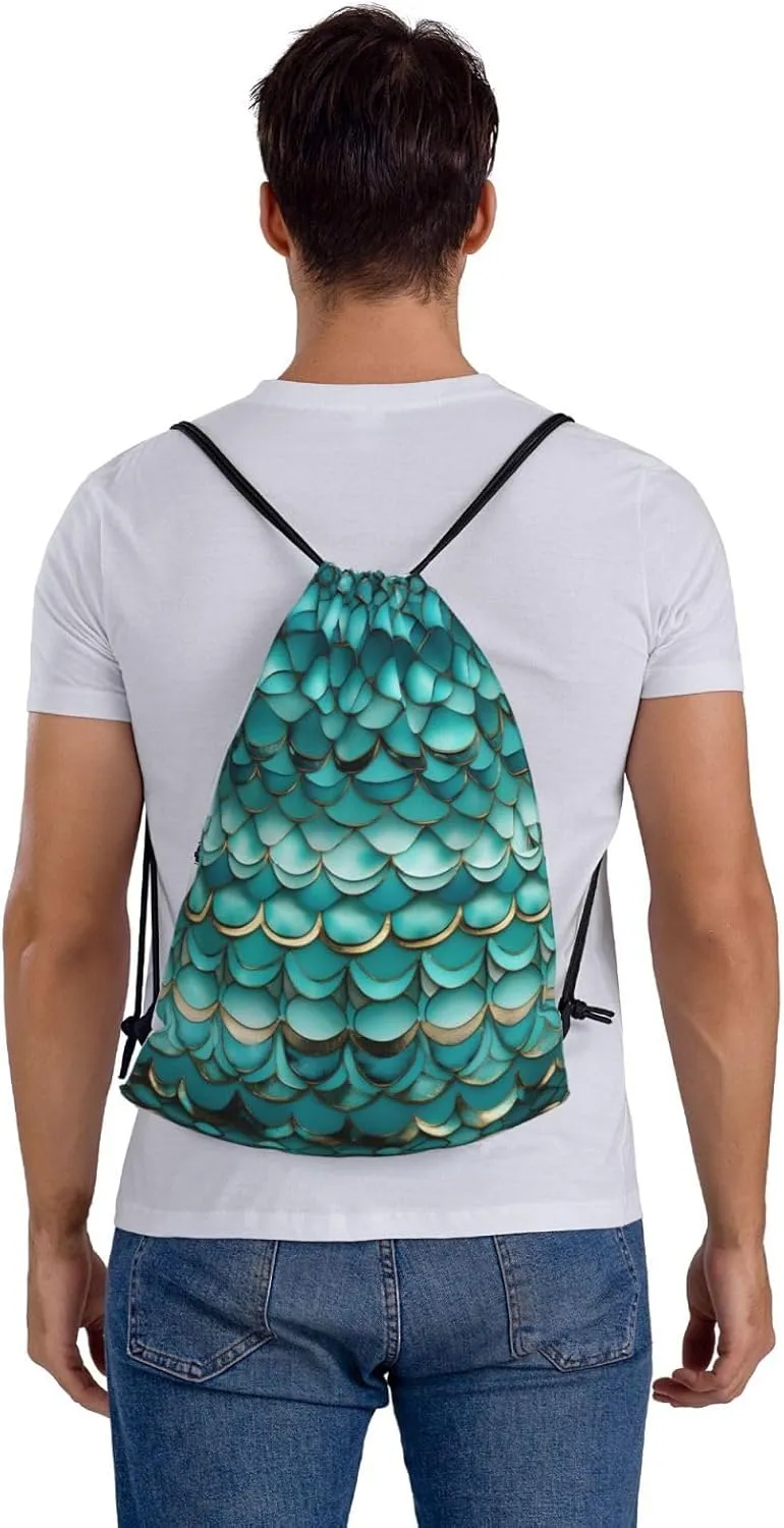 Drawstring Backpack for women,Versatile drawstring bag,Water-Resistant Cinch Bag,Gym sackpack-Mermaid Teal Fish Scale