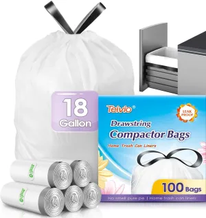 Drawstring Trash Bags-18 Gallon 100 Counts (fit 16-18 Gal) Large Strong Tall Kitchen Compactor Bags by Teivio Garbage Bags for Home/Office/Light Residential Waste/Outdoor Trash Can, White Lawn Bag