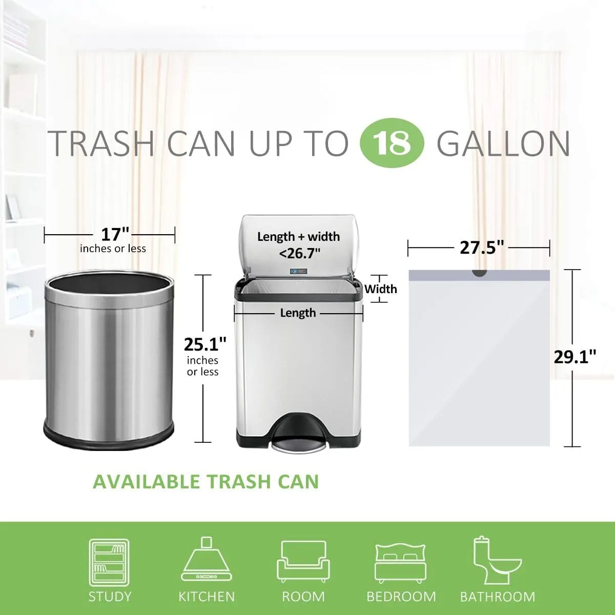 Drawstring Trash Bags-18 Gallon 100 Counts (fit 16-18 Gal) Large Strong Tall Kitchen Compactor Bags by Teivio Garbage Bags for Home/Office/Light Residential Waste/Outdoor Trash Can, White Lawn Bag