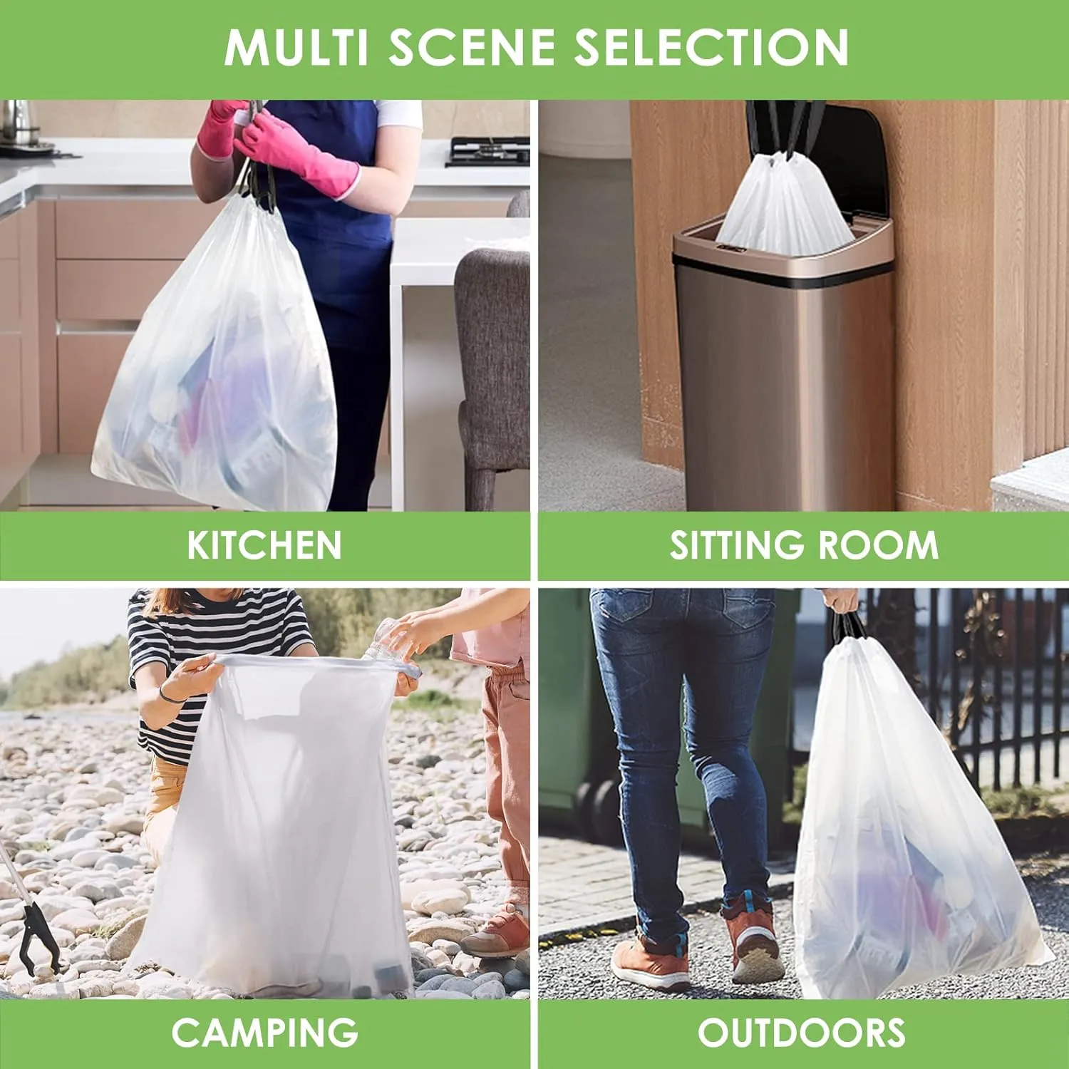 Drawstring Trash Bags-18 Gallon 100 Counts (fit 16-18 Gal) Large Strong Tall Kitchen Compactor Bags by Teivio Garbage Bags for Home/Office/Light Residential Waste/Outdoor Trash Can, White Lawn Bag