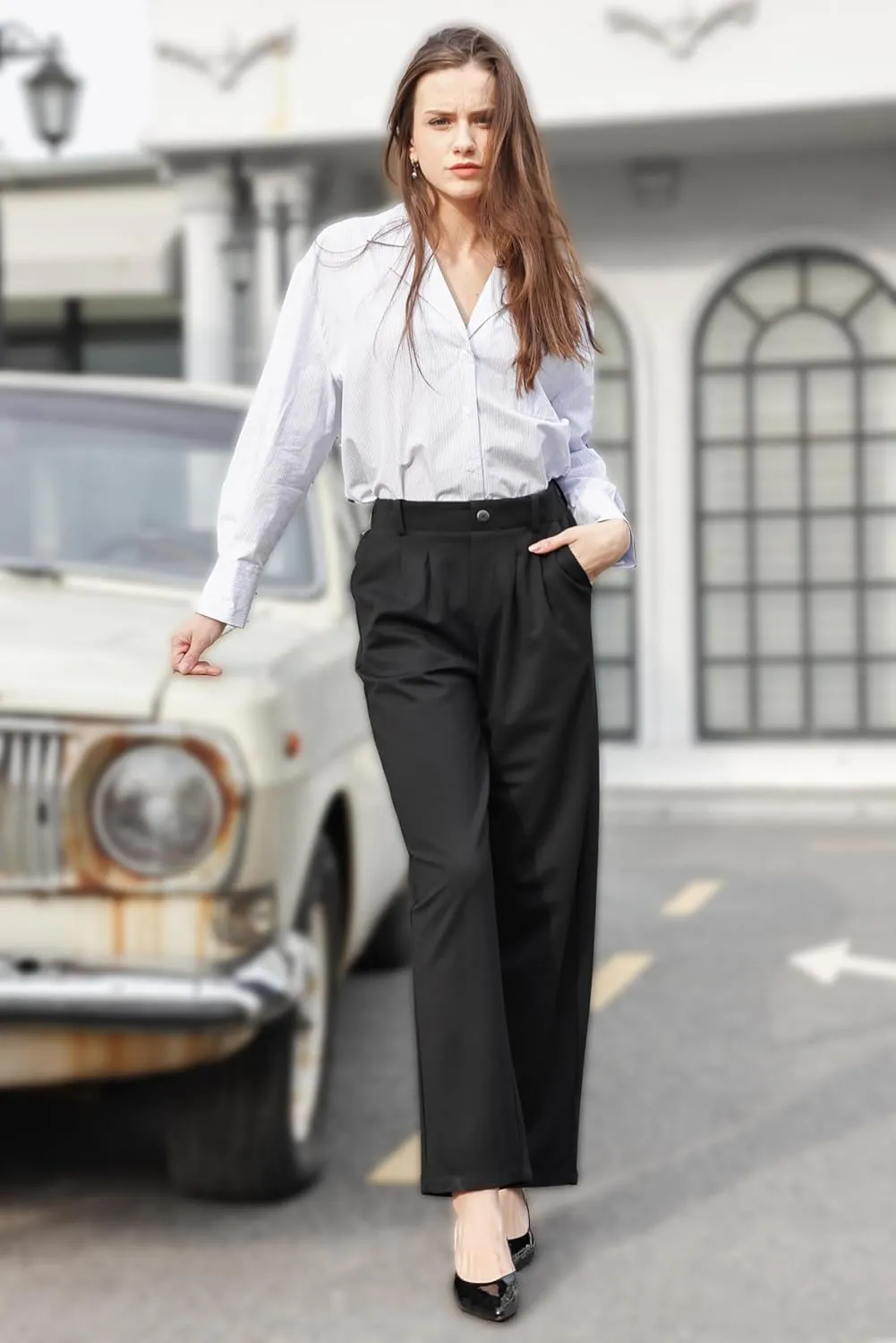 Dress Pants Women Straight Leg Work Business Office High Elastic Waisted Casual Slacks Trousers 29" with Pockets