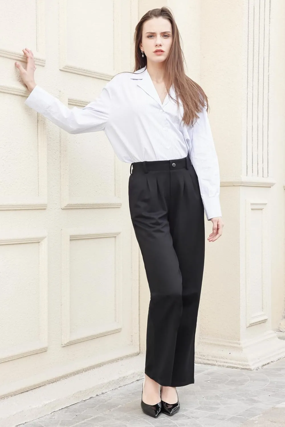 Dress Pants Women Straight Leg Work Business Office High Elastic Waisted Casual Slacks Trousers 29" with Pockets